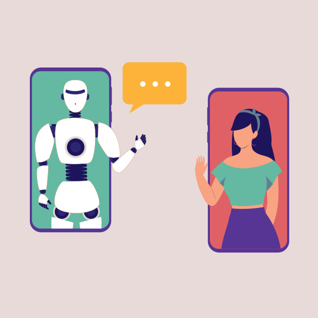 Illustration of a woman and a robot chatting via phones